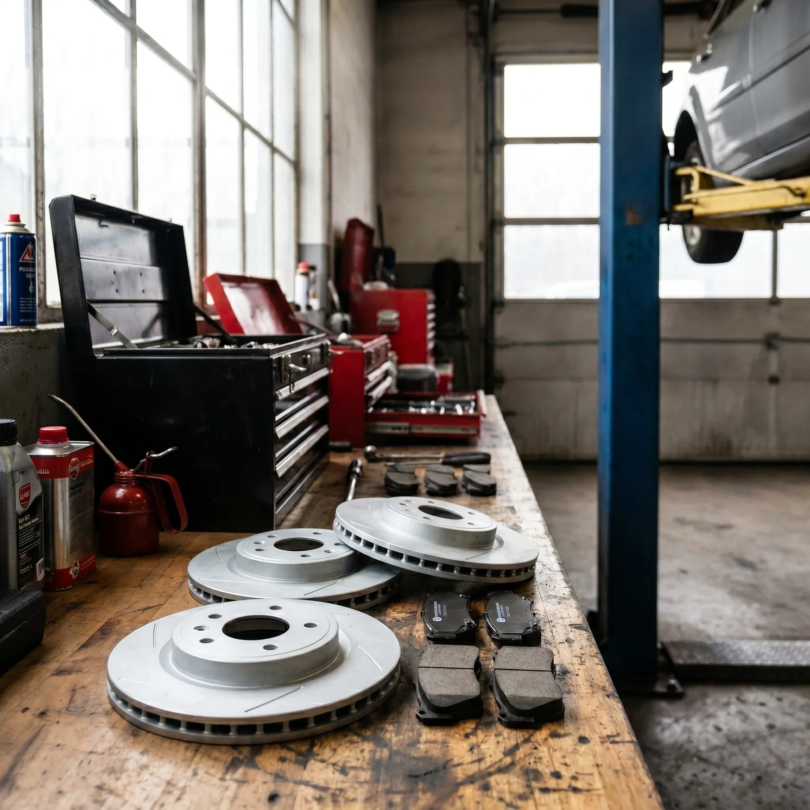 Brake pads, rotors, and calipers being serviced